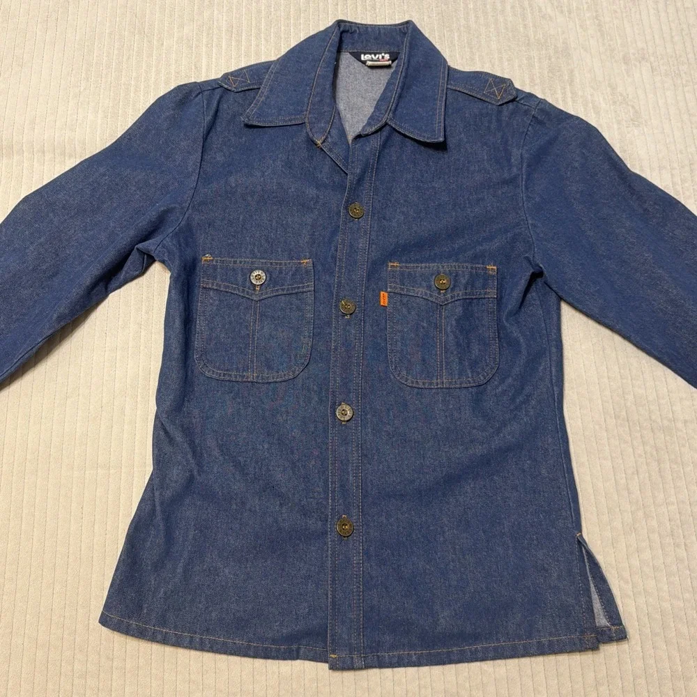 VINTAGE 70s Levis Shirt Jacket Mens Med Blue Denim Orange Tab Workwear Shacket